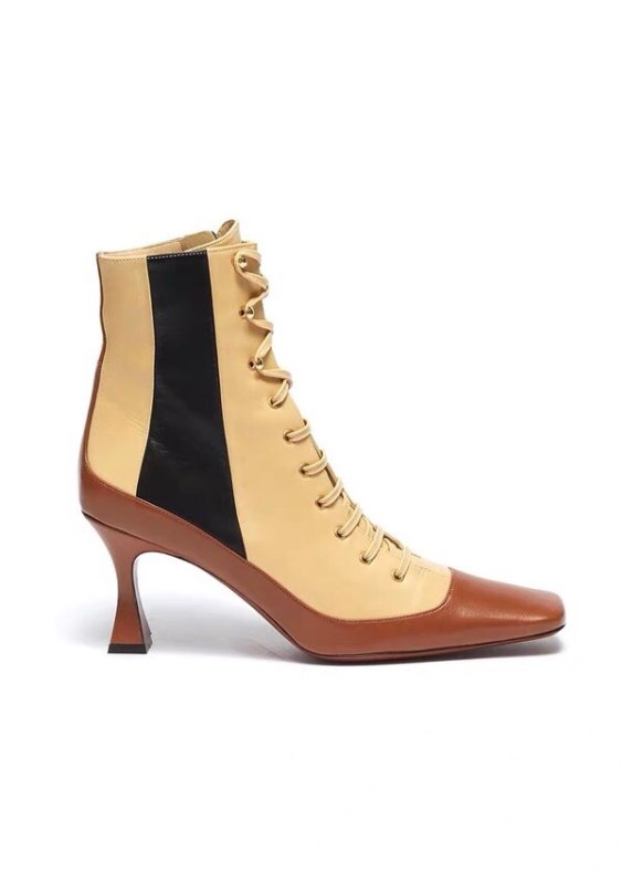 画像2:  women's   leather  tie color matching  high heel square short boots レザーハイヒールスクエアレースアップショートマーチンブーツ ブーティブーツ  (2)