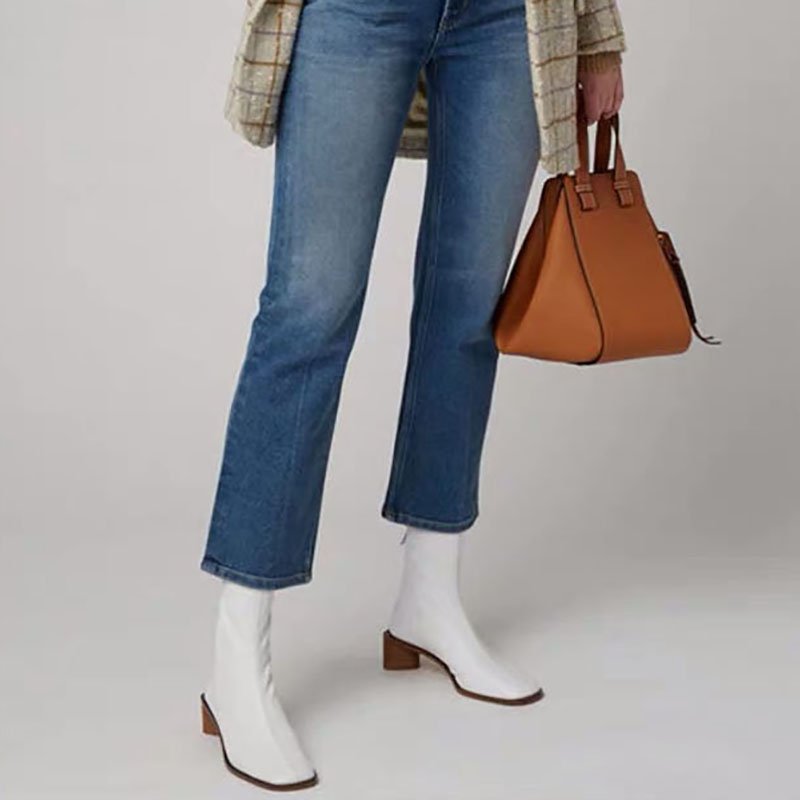 画像2:  women's Square head booties  new thick with short tube stretch thin boots Martin ankle boots  single boots  レザースクエアヒールストレッチシンプルマーチンショート ブーツ  (2)