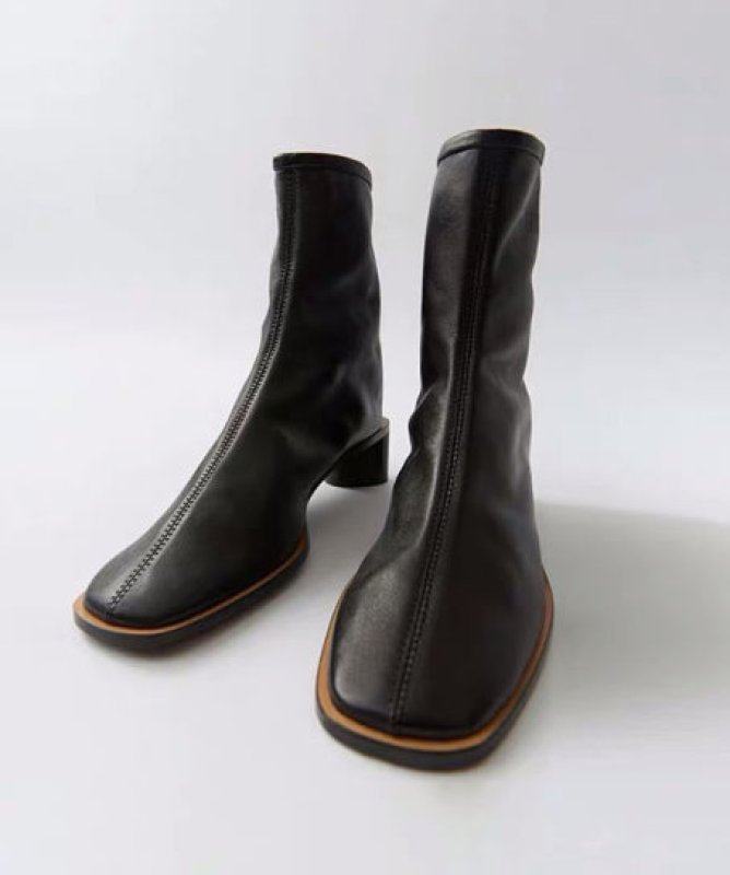画像6:  women's Square head booties  new thick with short tube stretch thin boots Martin ankle boots  single boots  レザースクエアヒールストレッチシンプルマーチンショート ブーツ  (6)