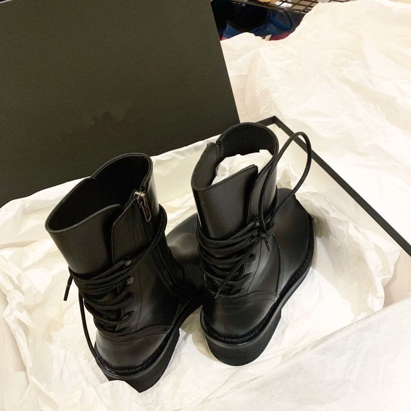 画像3:  women's  leather straps Martin boots short boots flat bottom boots シンプルレザーバックレースアップフラットショートマーチンブーツ ブーティブーツ サイドジップブーツ (3)