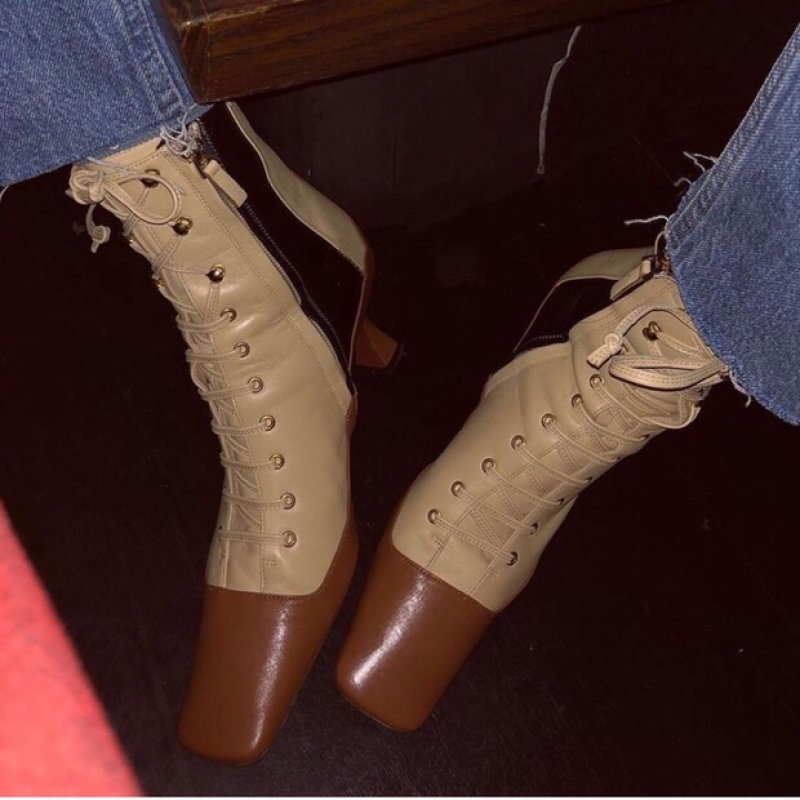 画像5:  women's   leather  tie color matching  high heel square short boots レザーハイヒールスクエアレースアップショートマーチンブーツ ブーティブーツ  (5)