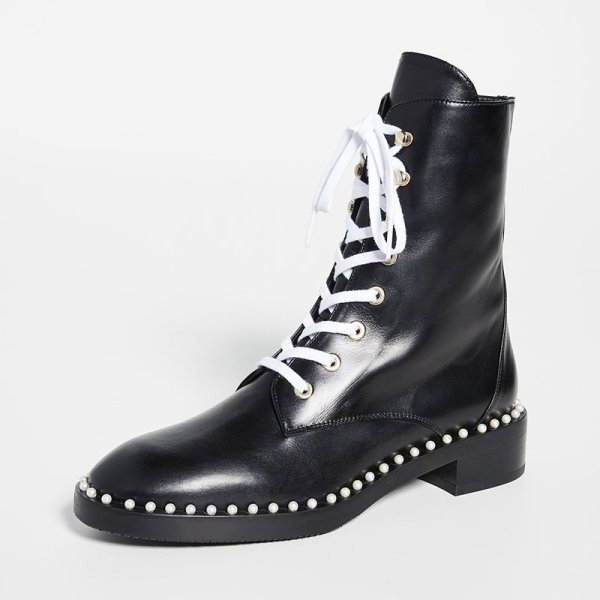 画像1:  women's  flat-bottomed pearl booties Martin ankle boots  single boots  レザーレースアップパール付きフラットマーチンレースアップショート ブーツ　 (1)