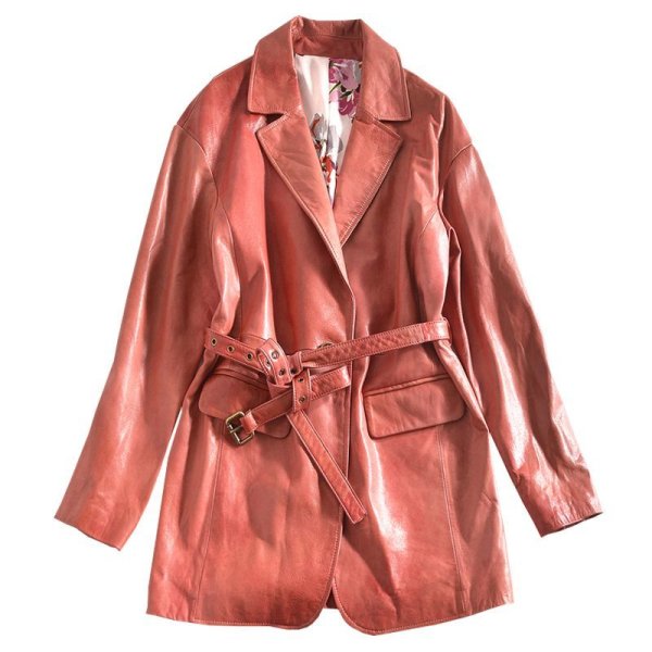 画像1: Women's   Imported Sheepskin Casual  Leather Jacket Waist Suit Leather coat ウエストベルト付きシンプルヨーロピアンレザージャケット　コート (1)