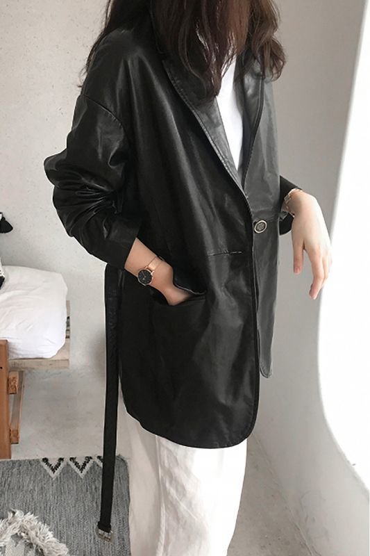 画像4: Women's   Imported Sheepskin Casual  Leather Jacket Waist Suit Leather coat ウエストベルト付きシンプルヨーロピアンレザージャケット　コート (4)
