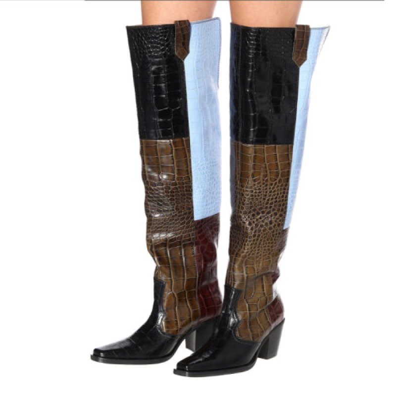 画像8:  women's  crocodile pattern small square head over the knee fashion Knee high boots   本革 レザーニーハイ ロングブーツ  (8)
