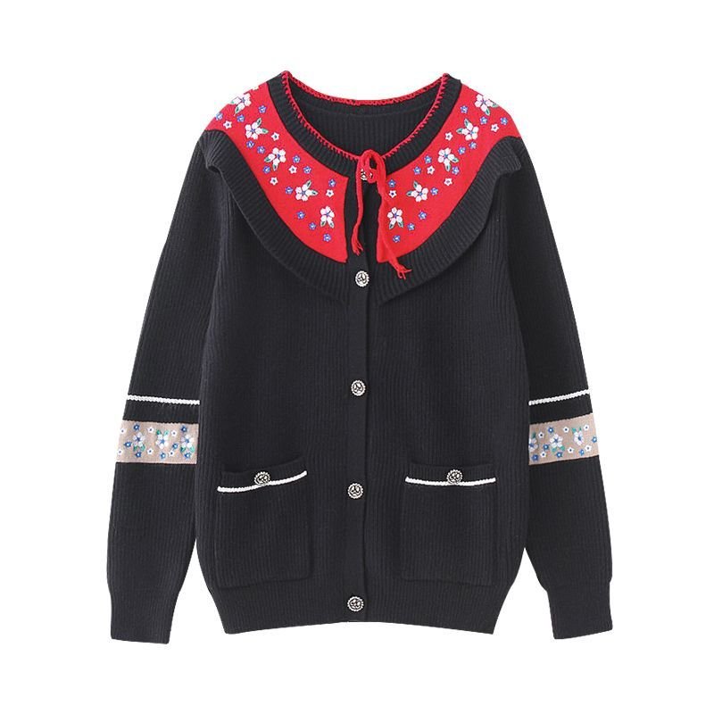 画像2: women's large lapel black woolen sweater knit cardigan ハイエンド刺繍レトロ ラペルブラックニットカーディガン ジャケット (2)