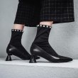 画像5:  women'spearl rivet pointed patent leather ankle bootsストレッチソックスパール付きヒールショートブーツ ブーティ  (5)