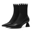 画像2:  women'spearl rivet pointed patent leather ankle bootsストレッチソックスパール付きヒールショートブーツ ブーティ  (2)