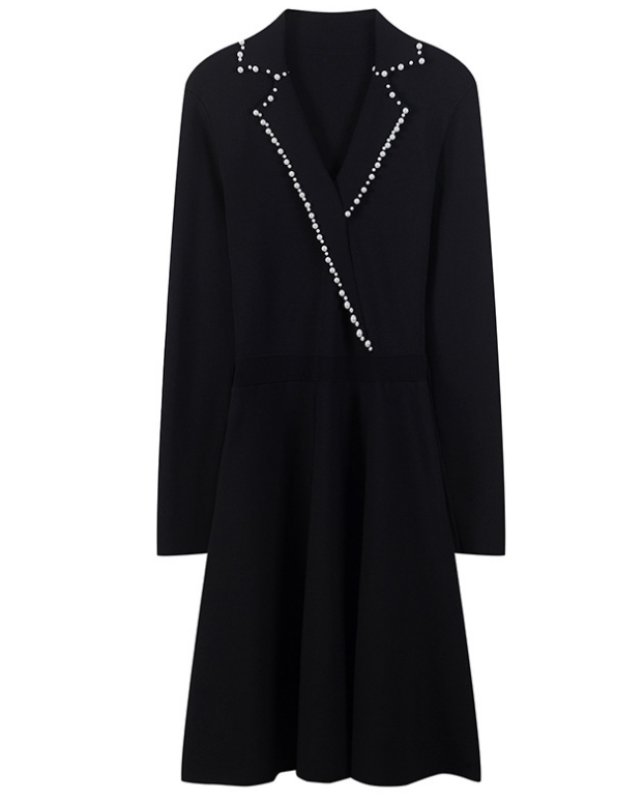 画像4:  Women's long-sleeved With pearl dress  パール付き膝丈フレアードレス ワンピース　 (4)