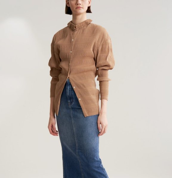 画像1: women's  Nordic retro style texture fabric elastic folds slim   long sleeve shirt 　レトロスタイルテクスチャ生地スリムブラウス　カーディガン　 (1)