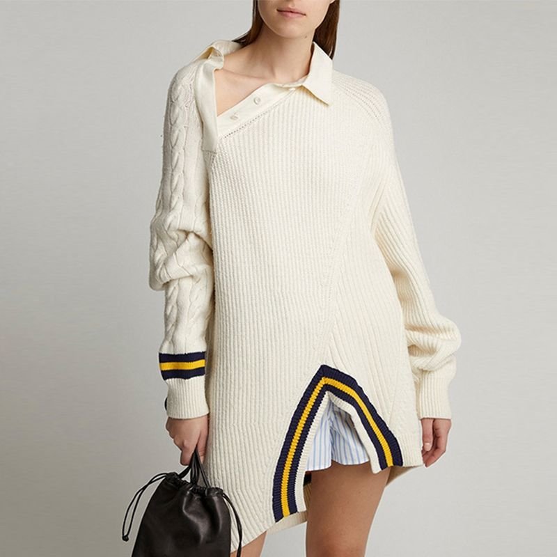 画像1: women's asymmetrical oblique shoulder split knit sweater　アンシンメトリ斜め肩分割ニットセータ　ワンピース　チュニックジャケット (1)