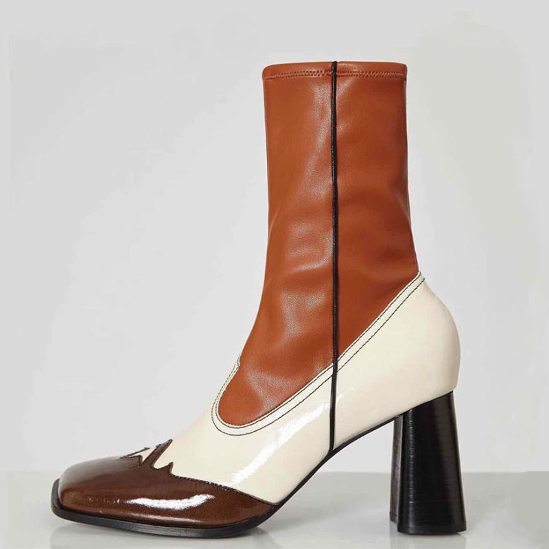 画像6:  women's  square high-heeled head single boots ankle boots  single boots  レザー&ストレッチハイヒールショートブーツ  ブーティ (6)