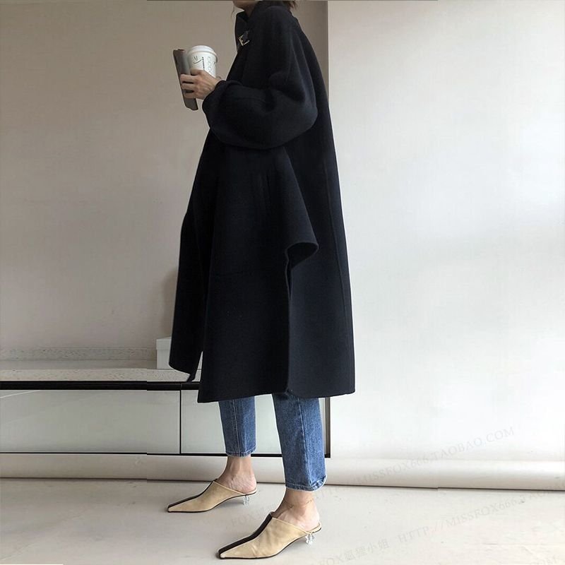 画像7: Women's wool leather buckle silhouette cloak cut double-sided  long coat Jacket ウールレザーバックル_シルエットマントコート ジャケット (7)