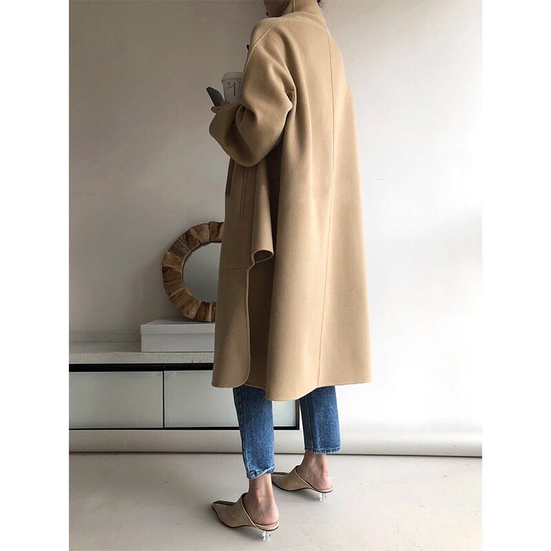 画像8: Women's wool leather buckle silhouette cloak cut double-sided  long coat Jacket ウールレザーバックル_シルエットマントコート ジャケット (8)