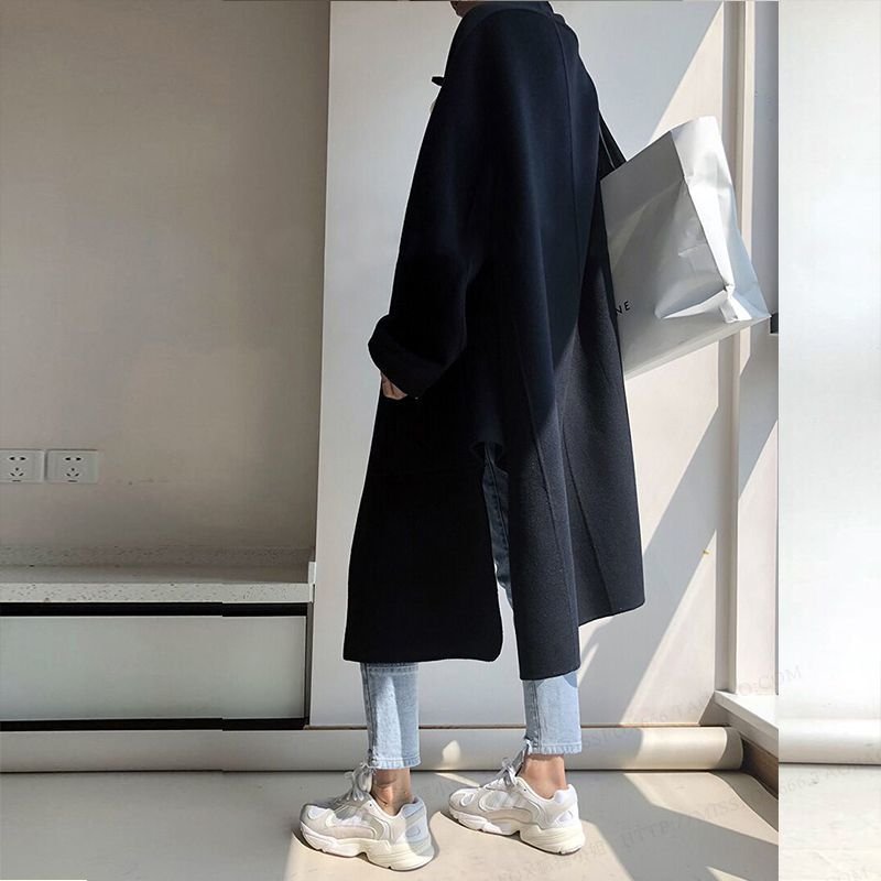 画像5: Women's wool leather buckle silhouette cloak cut double-sided  long coat Jacket ウールレザーバックル_シルエットマントコート ジャケット (5)