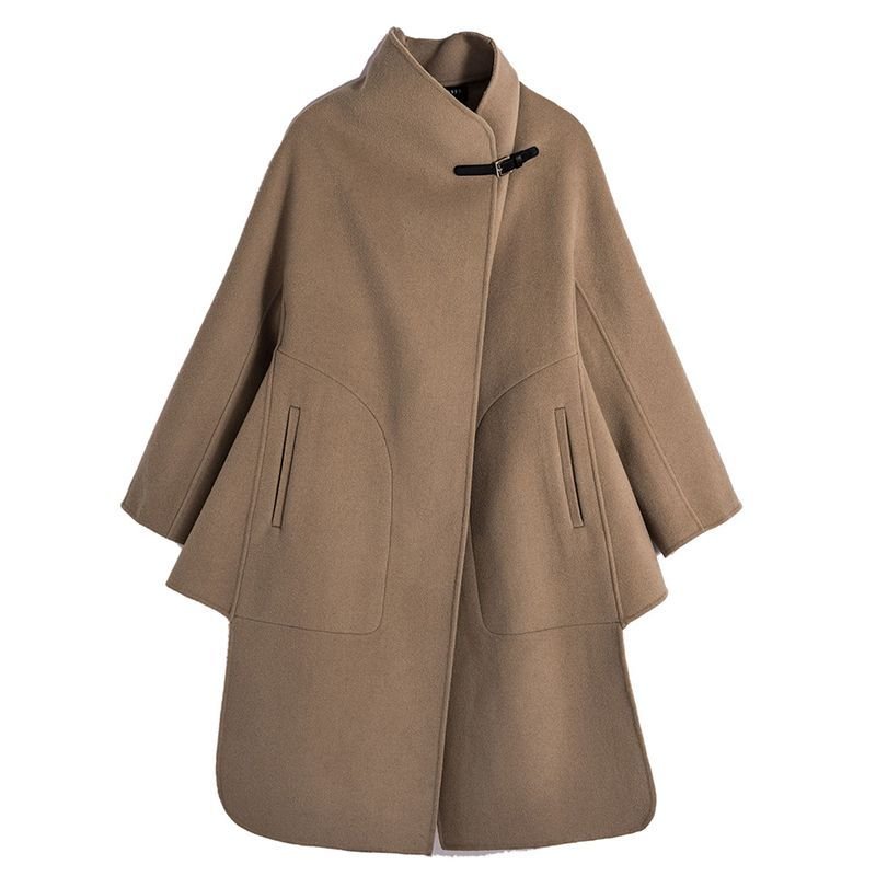 画像9: Women's wool leather buckle silhouette cloak cut double-sided  long coat Jacket ウールレザーバックル_シルエットマントコート ジャケット (9)