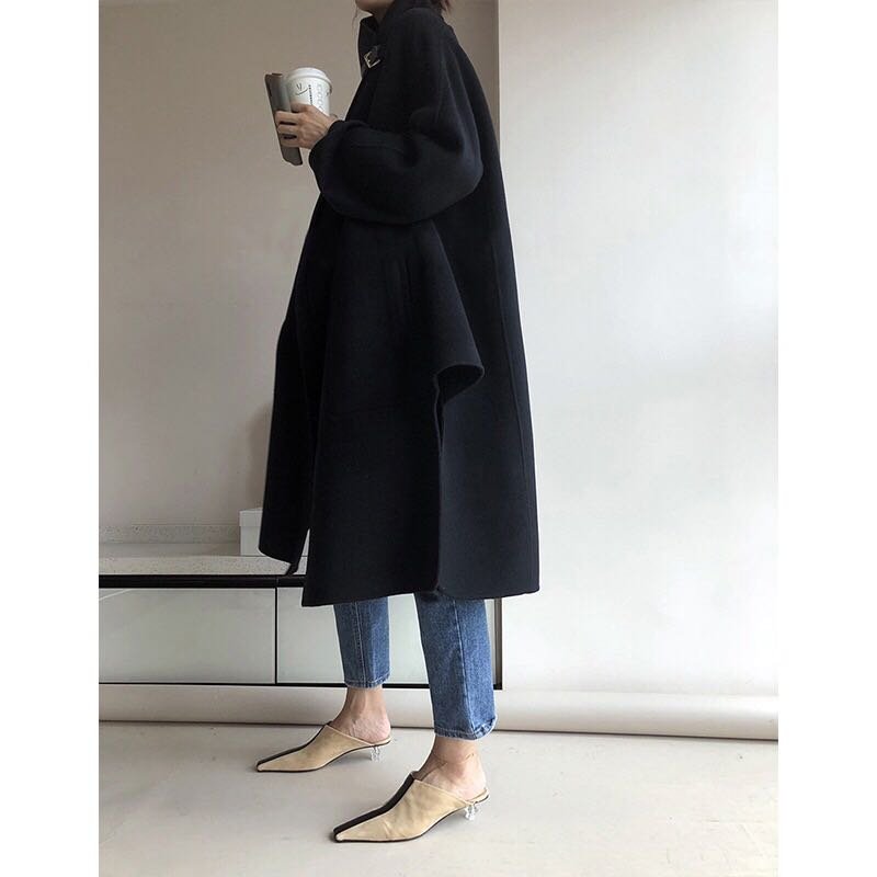 画像4: Women's wool leather buckle silhouette cloak cut double-sided  long coat Jacket ウールレザーバックル_シルエットマントコート ジャケット (4)