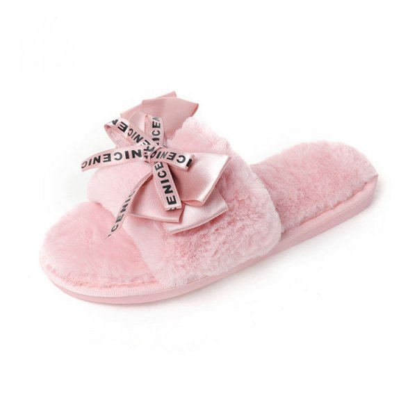 画像1: women's  flat bottom non-slip home slippers fur slippers Sandals　モコモコファー＆リボンフラットサンダル　パンプス　サンダル (1)