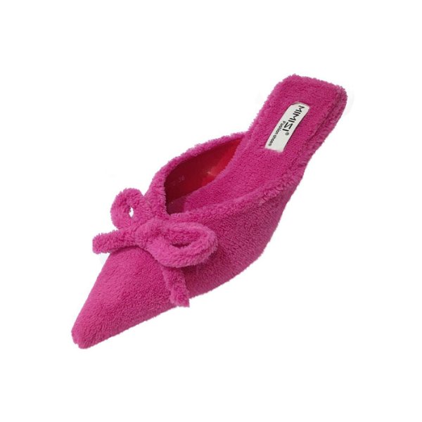 画像1: women's pointed suede bow  low heel stiletto fashion half slippers shoes ポインテットハーフ ローヒールハーフ パンプスシューズ 　ミュール (1)