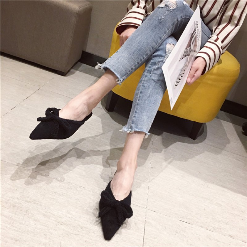 画像9: women's pointed suede bow  low heel stiletto fashion half slippers shoes ポインテットハーフ ローヒールハーフ パンプスシューズ 　ミュール (9)
