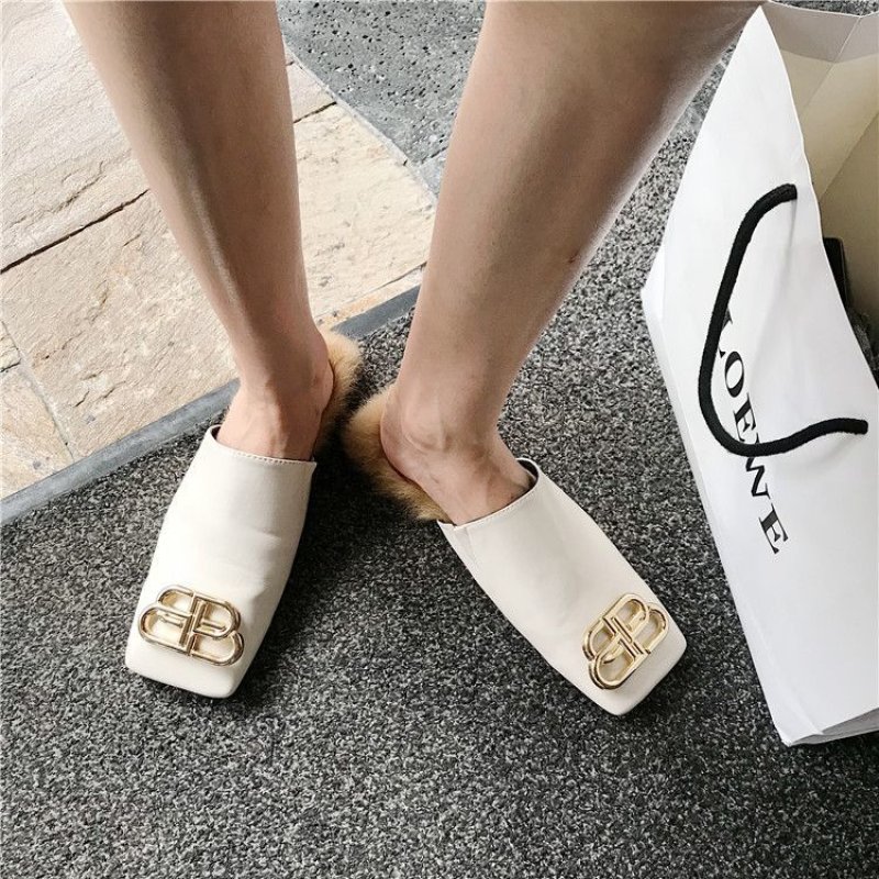 画像13: women's rabbit hair baotou hairy half slippers fur flat shoes  メタル＆ラビットファー付きシンプルラビットウサギファーフラットハーフパンプスシューズ 　　サンダル (13)