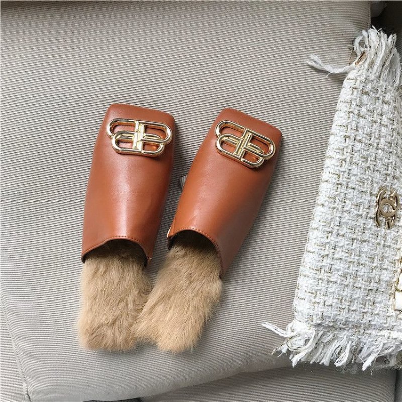 画像6: women's rabbit hair baotou hairy half slippers fur flat shoes  メタル＆ラビットファー付きシンプルラビットウサギファーフラットハーフパンプスシューズ 　　サンダル (6)