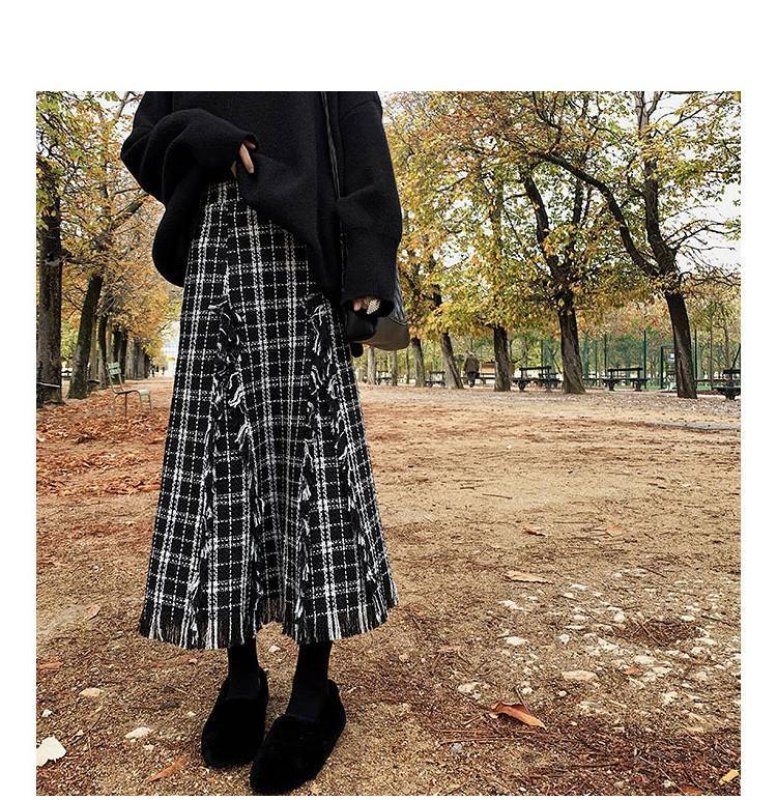 画像5:  women's  high waist tassel plaid woolen French retro long section skirt ハイウエストタッセルチェック柄ウールフランスレトロロングスカート (5)