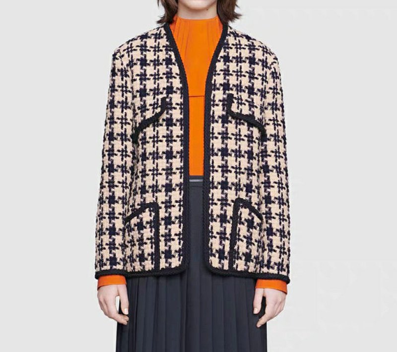 画像3: Women's   new retro was thin houndstooth woven cardigan thick tweed jacket  coat  ツイードVネックノーカラージャケット コート  (3)