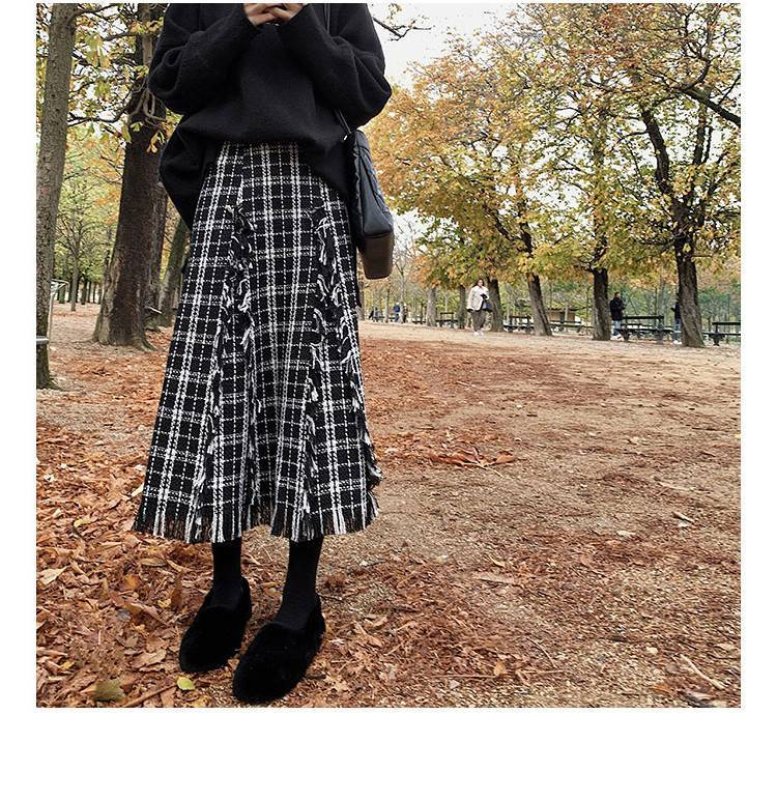 画像6:  women's  high waist tassel plaid woolen French retro long section skirt ハイウエストタッセルチェック柄ウールフランスレトロロングスカート (6)