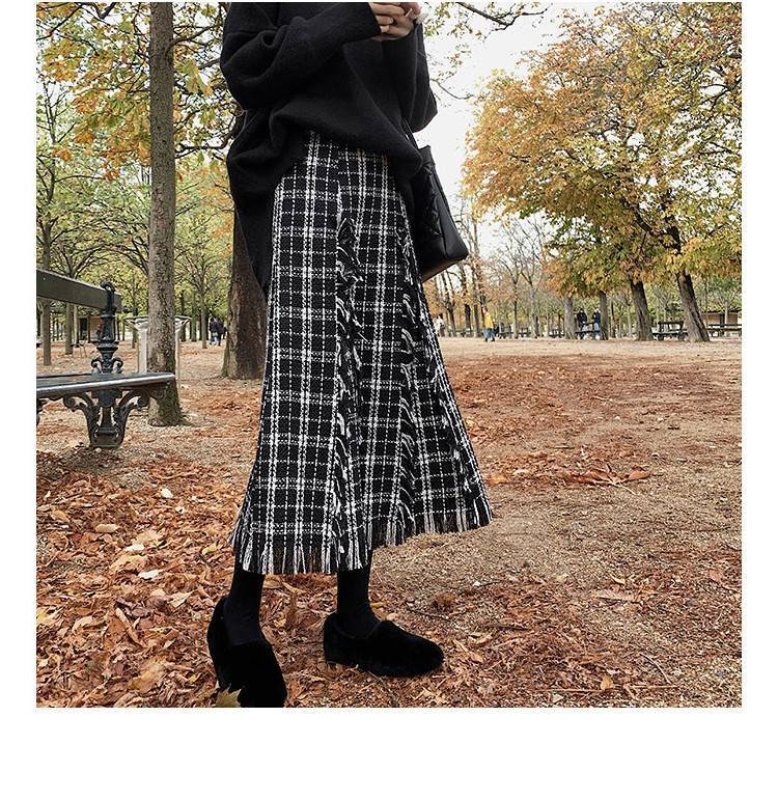 画像4:  women's  high waist tassel plaid woolen French retro long section skirt ハイウエストタッセルチェック柄ウールフランスレトロロングスカート (4)
