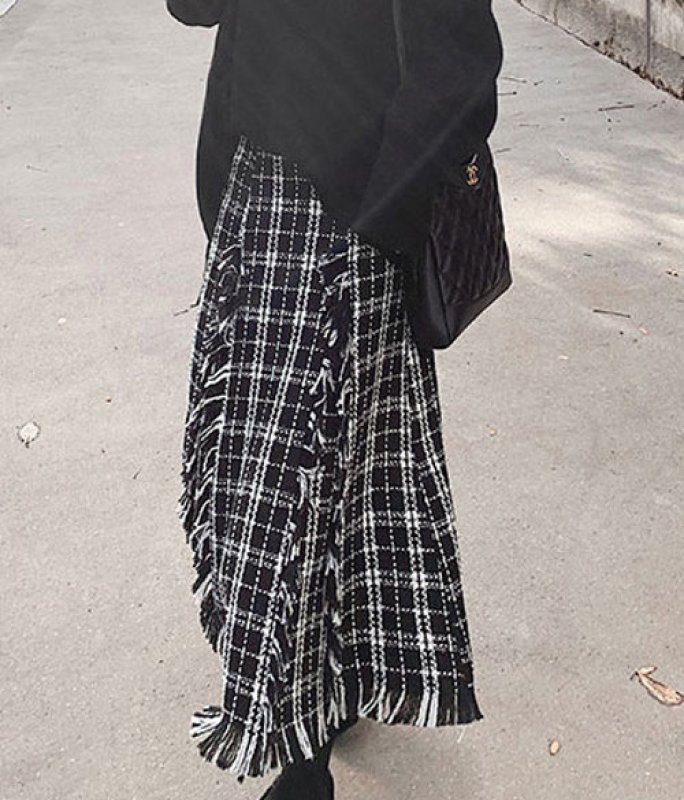 画像3:  women's  high waist tassel plaid woolen French retro long section skirt ハイウエストタッセルチェック柄ウールフランスレトロロングスカート (3)