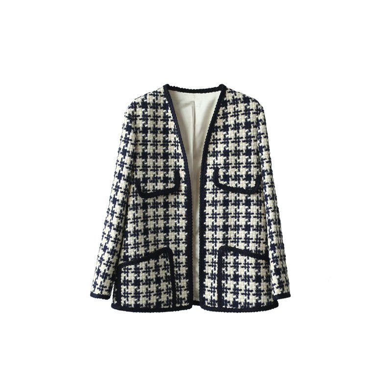 画像5: Women's   new retro was thin houndstooth woven cardigan thick tweed jacket  coat  ツイードVネックノーカラージャケット コート  (5)