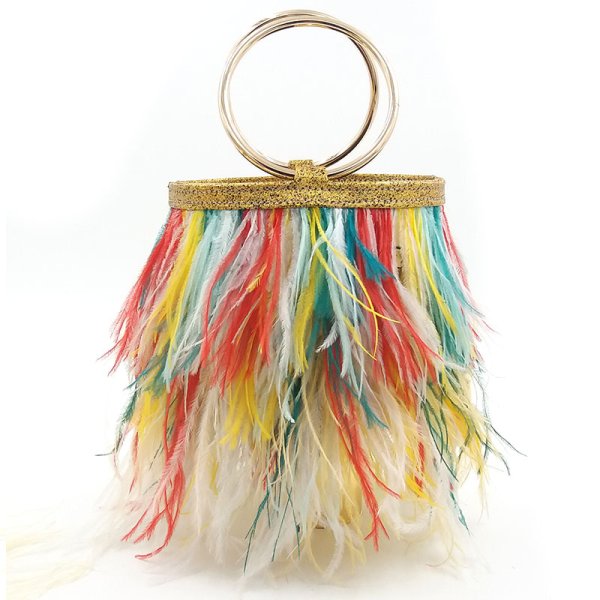 画像1:  woman’ small hair ring bag tassel evening bag handbag リアルダチョウ羽リングミニバック　トートバック　チェーン付き２WAY ハンドバック (1)