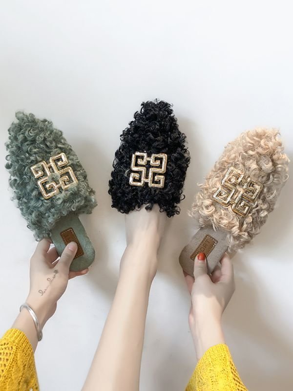 画像4: women's Fleece slippers fur Sandals　ファー付きフラットサンダルパンプス　サンダル (4)