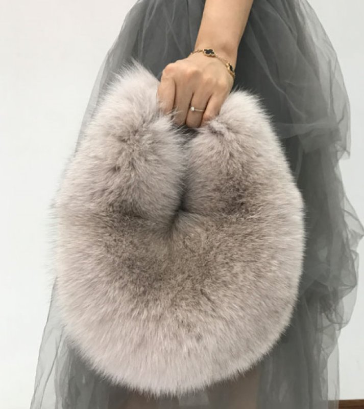 画像5:  woman’s real Fox  hair hand   fur plush bag リアルフォックスファーサークル型モコモコファーバック　トートバック　ハンドバック (5)