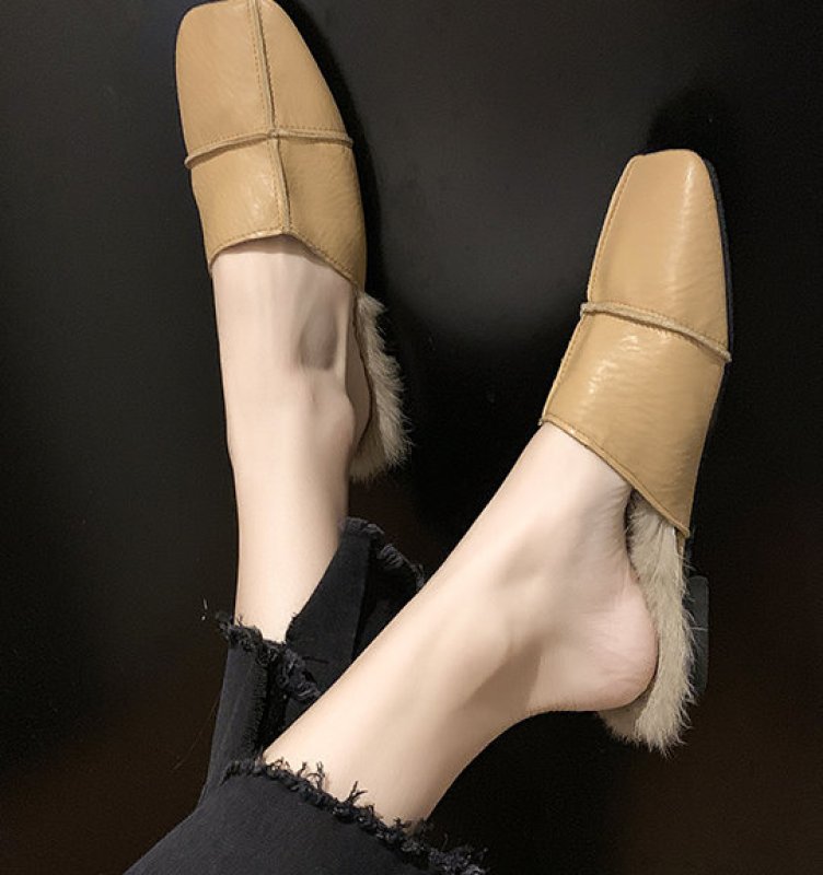 画像7: women's  simple square head temperament flat shoes  hair half drag Muller shoesファー付きシンプルフラットハーフサンダルパンプス　ミュール (7)