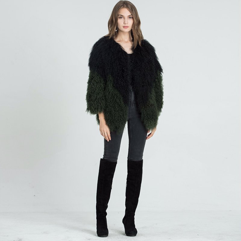 画像4: Women's Fashionable Long Sleeve Ladies Mongolian Lamb Black& Dark green bicolorFur Coat リアルモンゴリアンラムファーバイカラージャケット コート  (4)