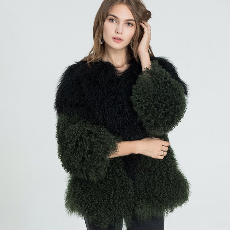画像2: Women's Fashionable Long Sleeve Ladies Mongolian Lamb Black& Dark green bicolorFur Coat リアルモンゴリアンラムファーバイカラージャケット コート  (2)