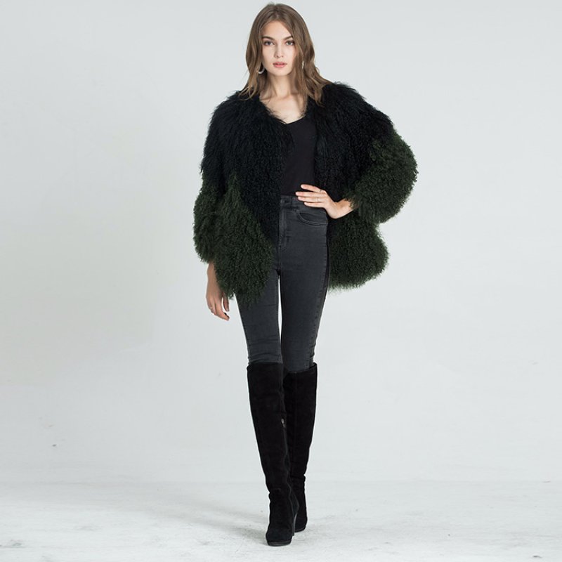 画像3: Women's Fashionable Long Sleeve Ladies Mongolian Lamb Black& Dark green bicolorFur Coat リアルモンゴリアンラムファーバイカラージャケット コート  (3)