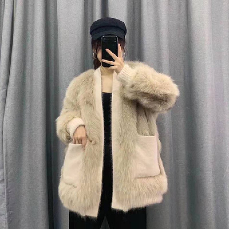 画像16: Women'sfox fur coat short western style small fragrance winter slim fashion coat リアルフォックスファーVネックカーディガンスタイルコート ジャケット  (16)