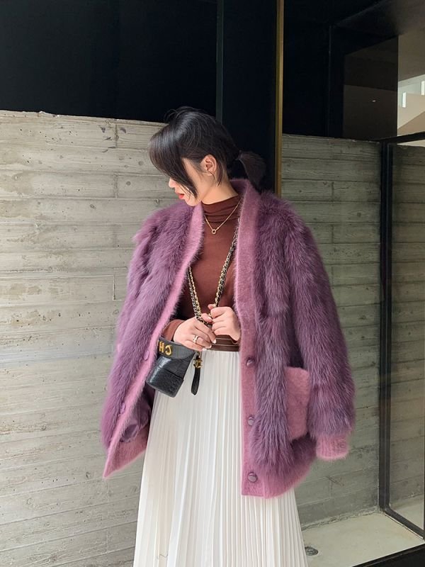 画像18: Women'sfox fur coat short western style small fragrance winter slim fashion coat リアルフォックスファーVネックカーディガンスタイルコート ジャケット  (18)