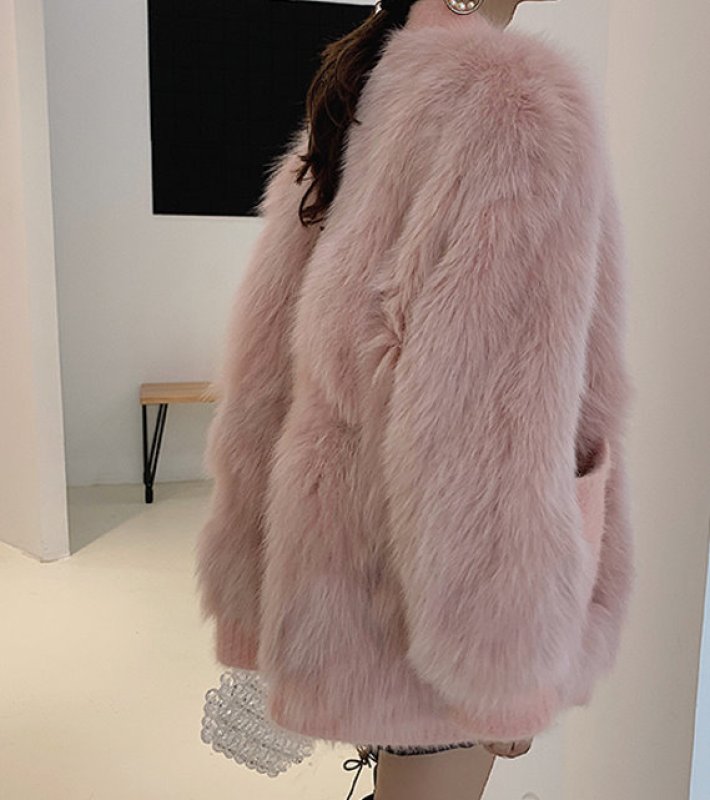 画像13: Women'sfox fur coat short western style small fragrance winter slim fashion coat リアルフォックスファーVネックカーディガンスタイルコート ジャケット  (13)