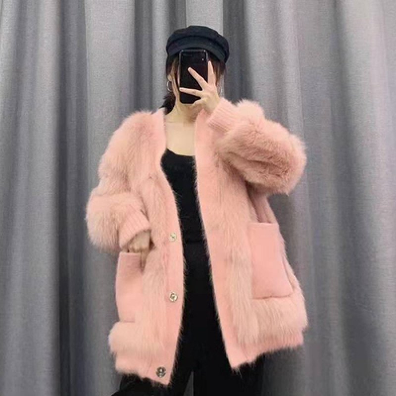 画像17: Women'sfox fur coat short western style small fragrance winter slim fashion coat リアルフォックスファーVネックカーディガンスタイルコート ジャケット  (17)