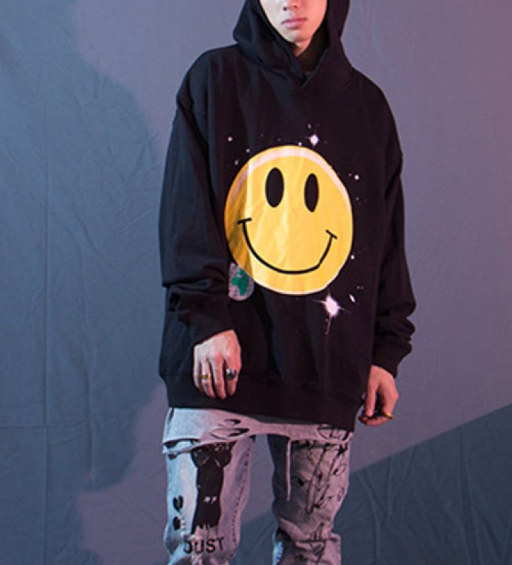 画像4: men'scartoon smile pattern print hooded sweater  ユニセックス男女兼用スマイルパターンプリントフード付きスウェット パーカー　 (4)