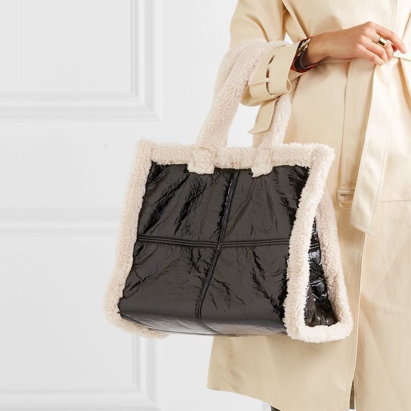 画像10: Woman’soil wax stitching imitation lamb hair handbagモコモコファー付きスクエアトートショルダー ハンドバック メンズにも (10)