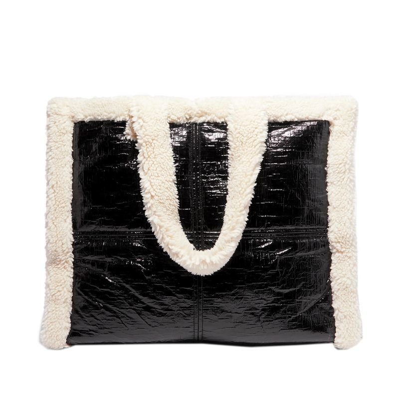 画像11: Woman’soil wax stitching imitation lamb hair handbagモコモコファー付きスクエアトートショルダー ハンドバック メンズにも (11)