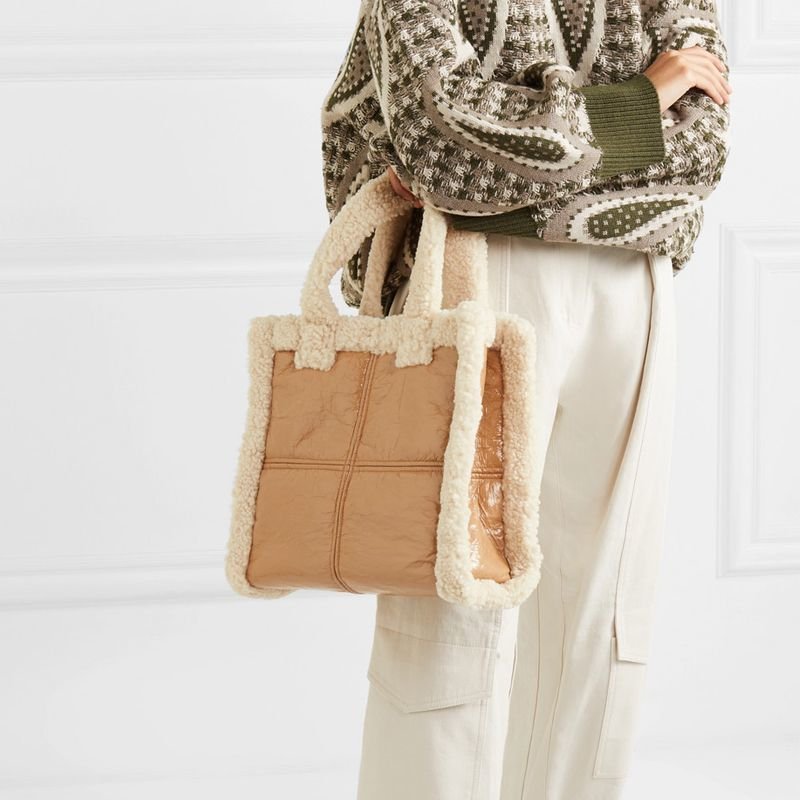 画像5: Woman’soil wax stitching imitation lamb hair handbagモコモコファー付きスクエアトートショルダー ハンドバック メンズにも (5)