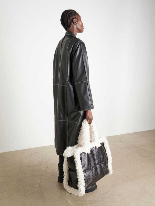 画像7: Woman’soil wax stitching imitation lamb hair handbagモコモコファー付きスクエアトートショルダー ハンドバック メンズにも (7)