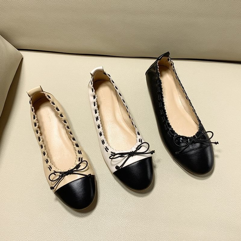画像8: women's  flat bow color matching single shoes フラットリボン付き本革レザーパンプスバレーシューズ (8)