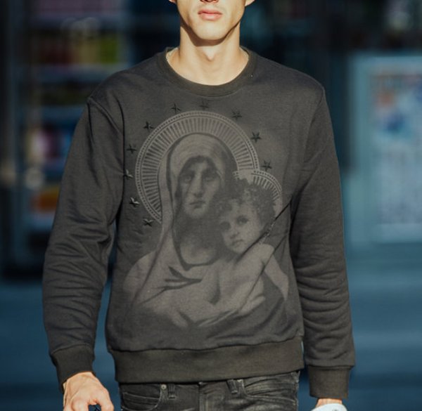 画像1: men's star Madonna Virgin Mary round neck pullover sweater   ユニセックス男女兼用聖母マリアン＆スタースタッズ付きプリントスウェット トレーナー　プルオーバー　 (1)